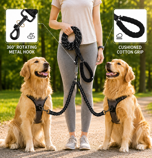 House of Zach Dual Dog Leash – 360° Tangle-Free Shock Absorbing Bungee Lead for Medium & Large Dogs