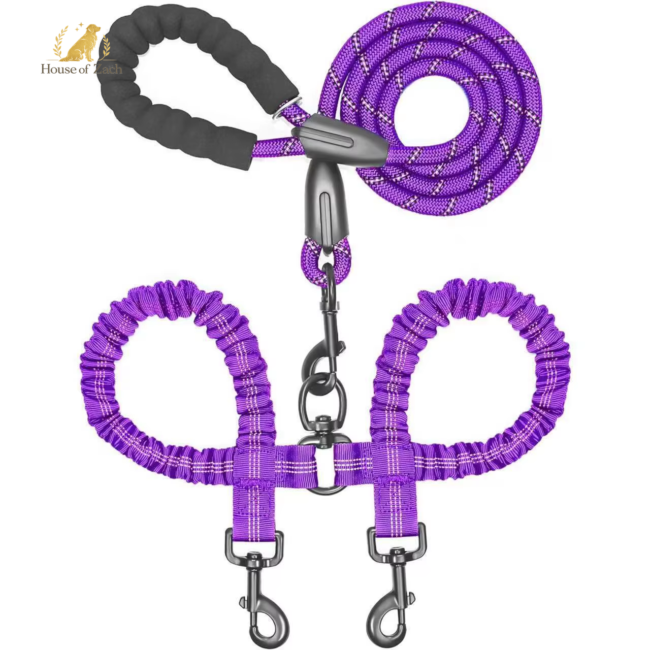 House of Zach Dual Dog Leash – 360° Tangle-Free Shock Absorbing Bungee Lead for Medium & Large Dogs