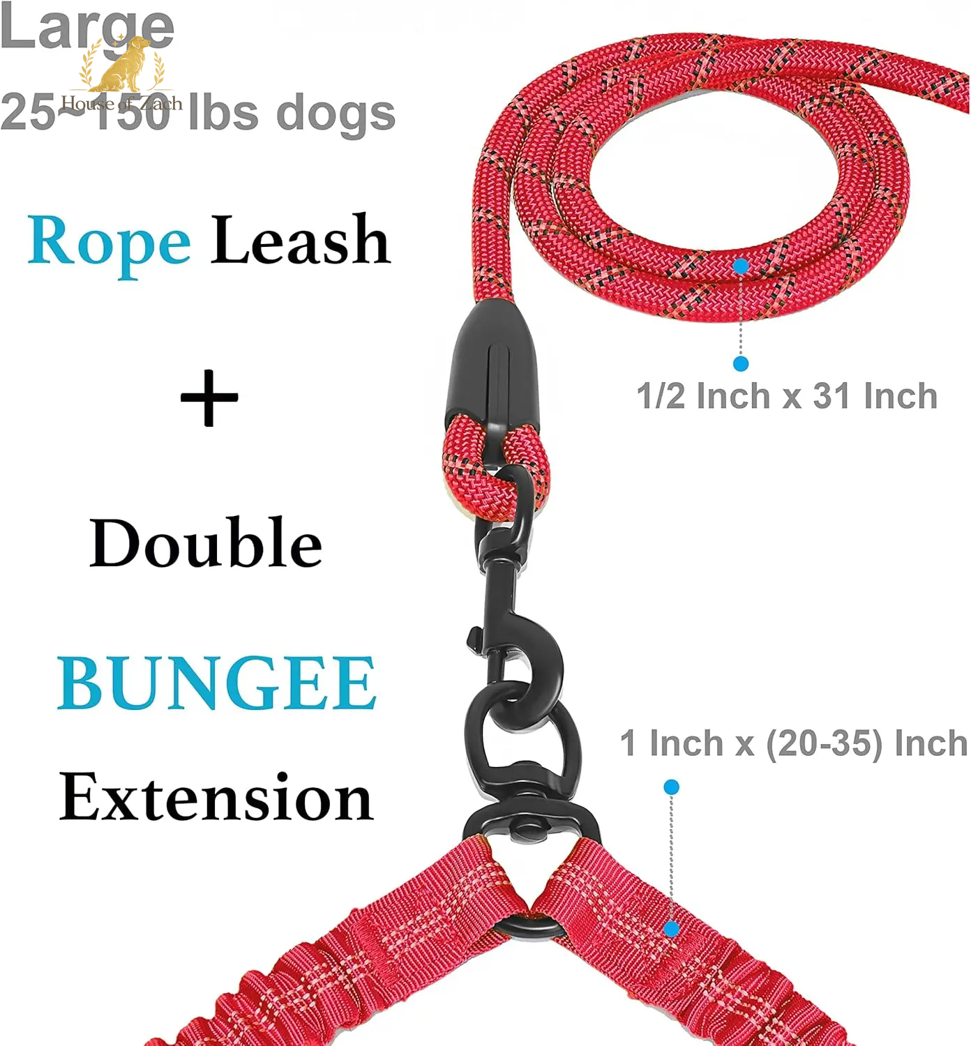 House of Zach Dual Dog Leash – 360° Tangle-Free Shock Absorbing Bungee Lead for Medium & Large Dogs