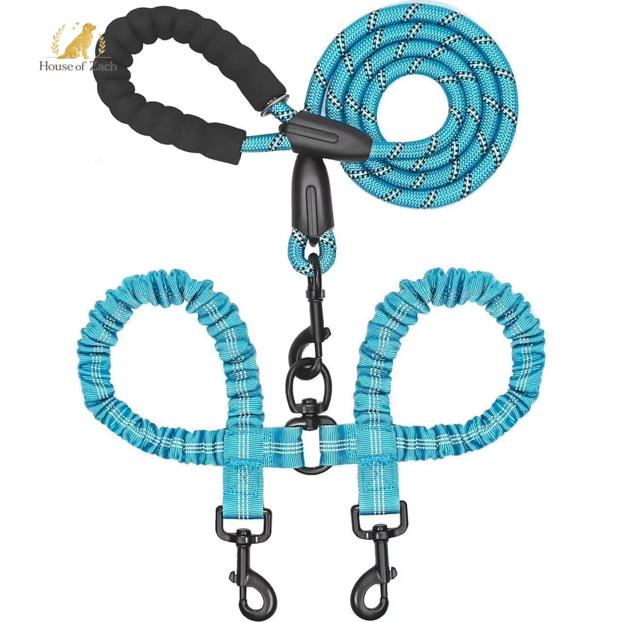 House of Zach Dual Dog Leash – 360° Tangle-Free Shock Absorbing Bungee Lead for Medium & Large Dogs
