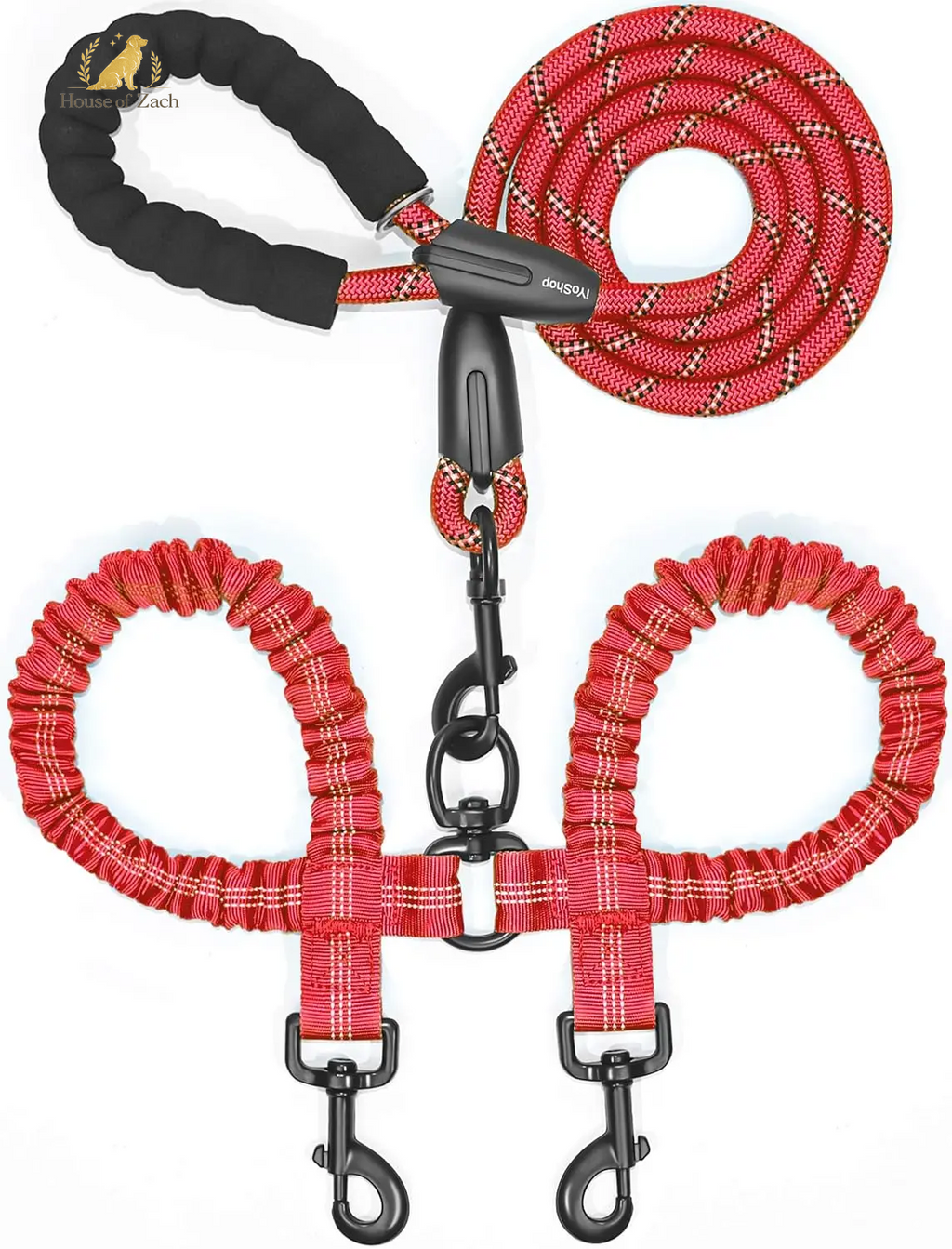 House of Zach Dual Dog Leash – 360° Tangle-Free Shock Absorbing Bungee Lead for Medium & Large Dogs