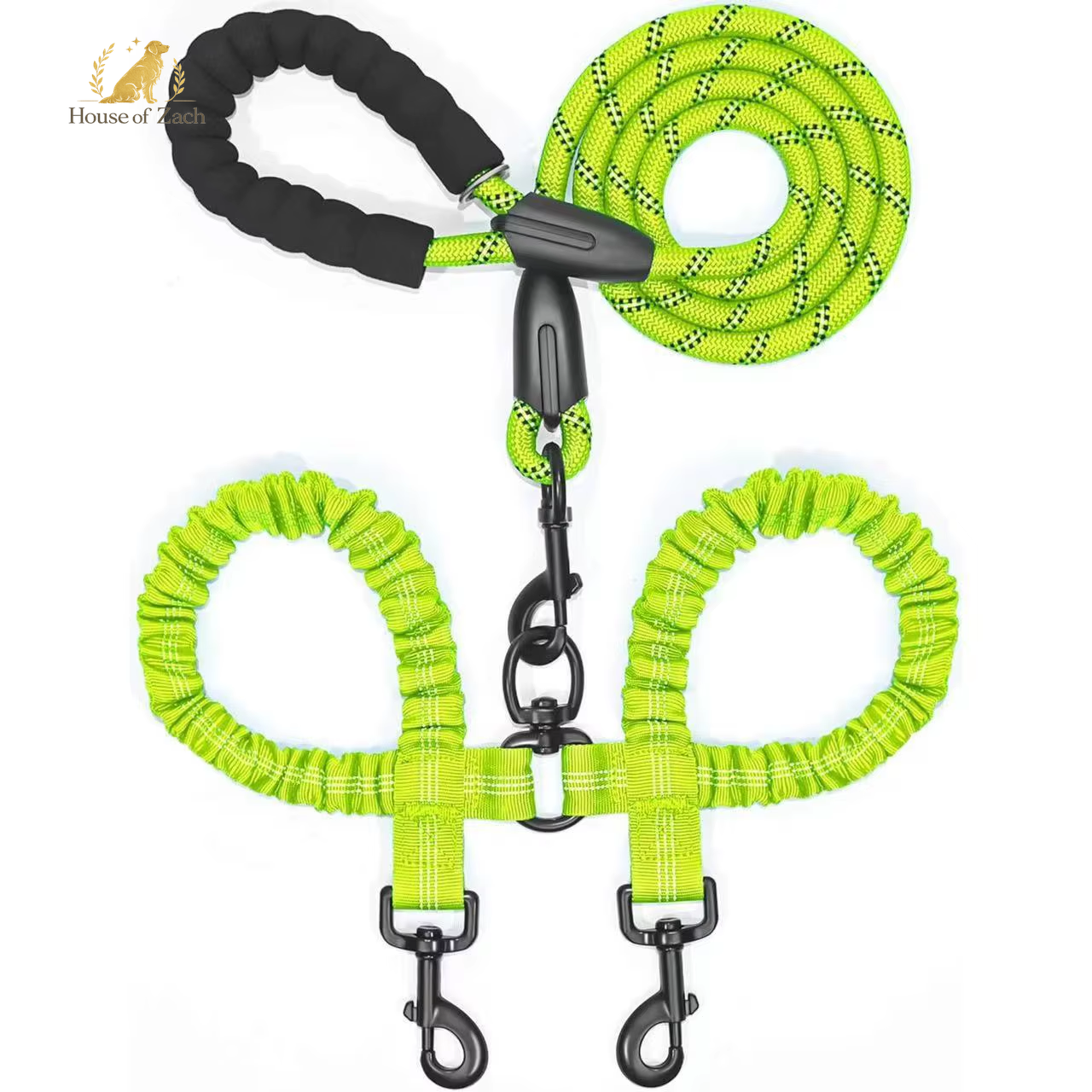 House of Zach Dual Dog Leash – 360° Tangle-Free Shock Absorbing Bungee Lead for Medium & Large Dogs