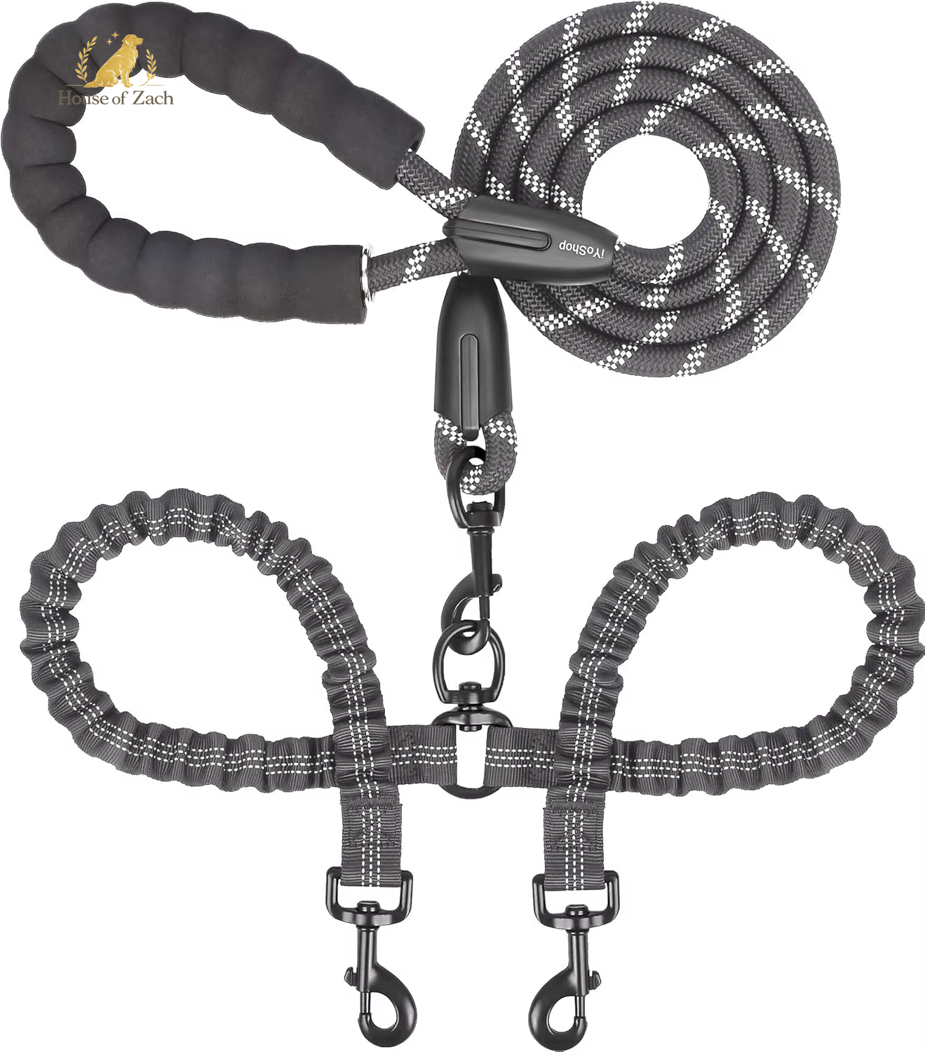 House of Zach Dual Dog Leash – 360° Tangle-Free Shock Absorbing Bungee Lead for Medium & Large Dogs